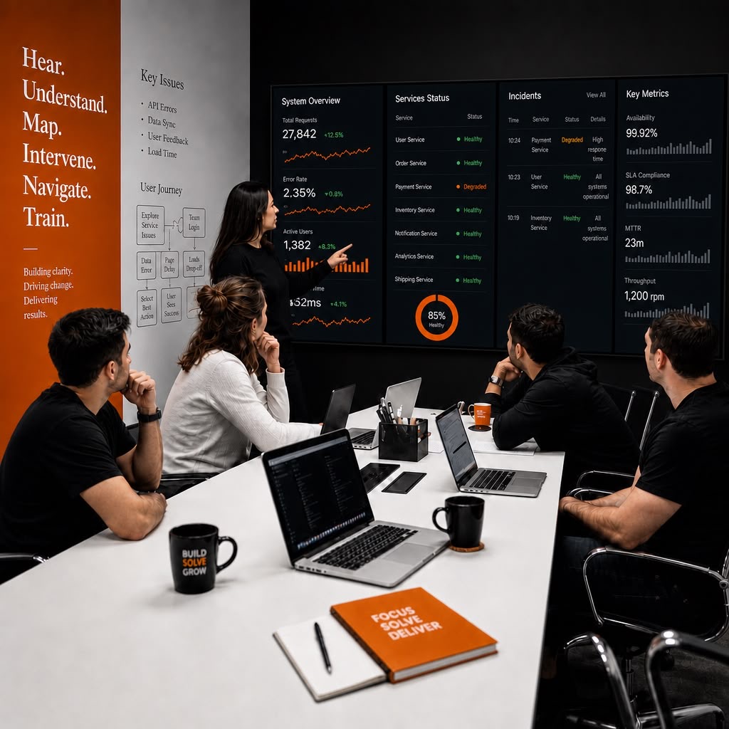 HUMINT-DRIVEN team reviewing system dashboards in a strategy session